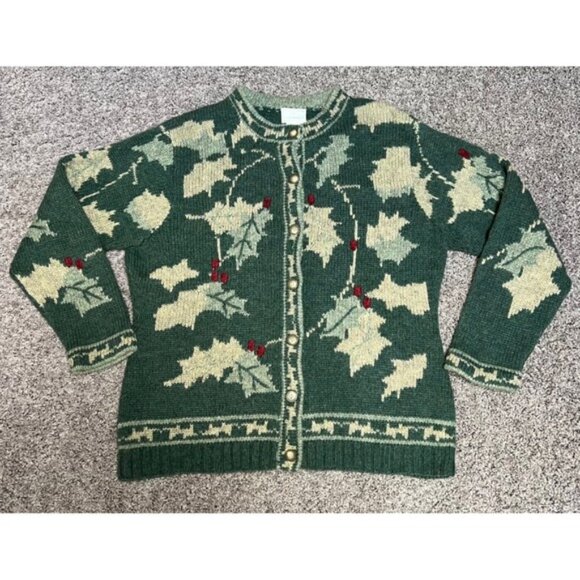 90s Vintage Susan Bristol Shetland Wool Cardigan Sweater Christmas Holly Size XL - Picture 1 of 11